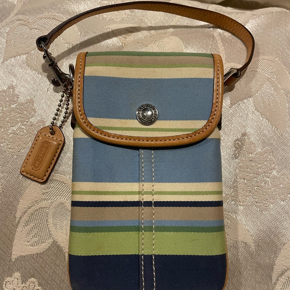 Vintage Coach Blue and Green Striped Mini Phone Pouch